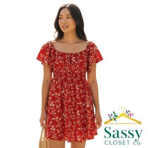 DELLA MEL Red Floral Midi Dress Smocked Empire Waist Pull On A-Line Size M